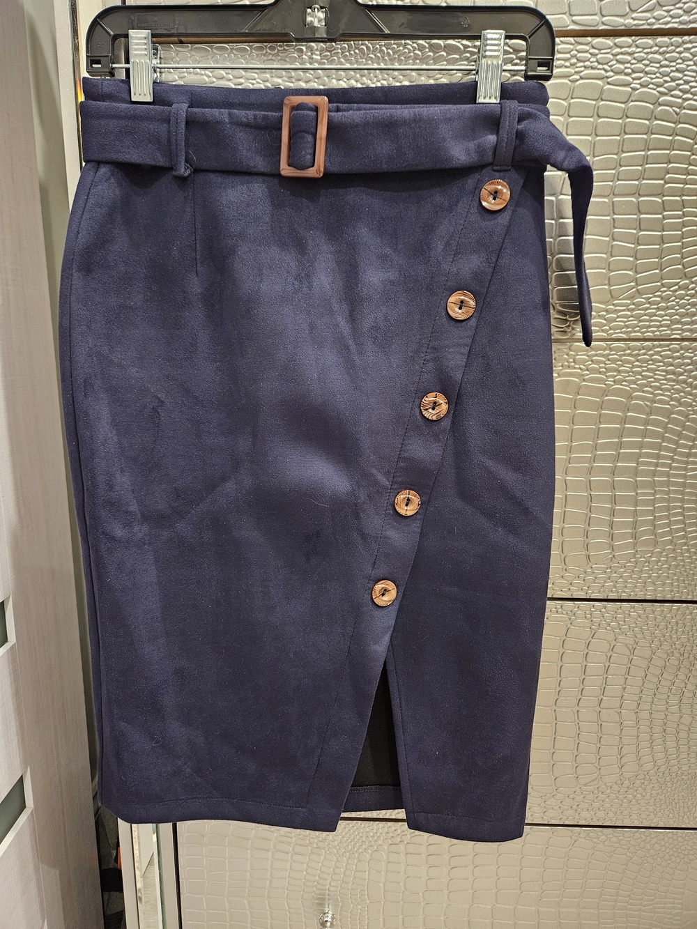 Women's Navy Button-Front Pencil Skirt with Belt